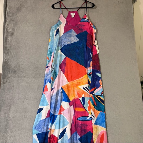 Nicole Miller NEW Long Razorback Dress Maxi Charmeuse Abstract Womens XL Pockets - Picture 2 of 10